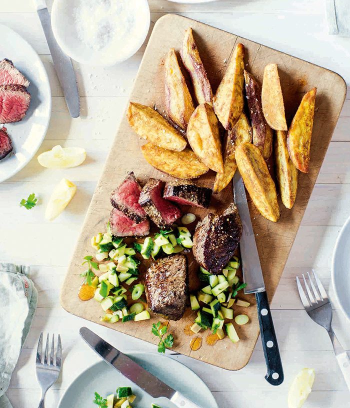 Beef Medallions with Zucchini & Olive Salad and Spiced Kumara Wedges