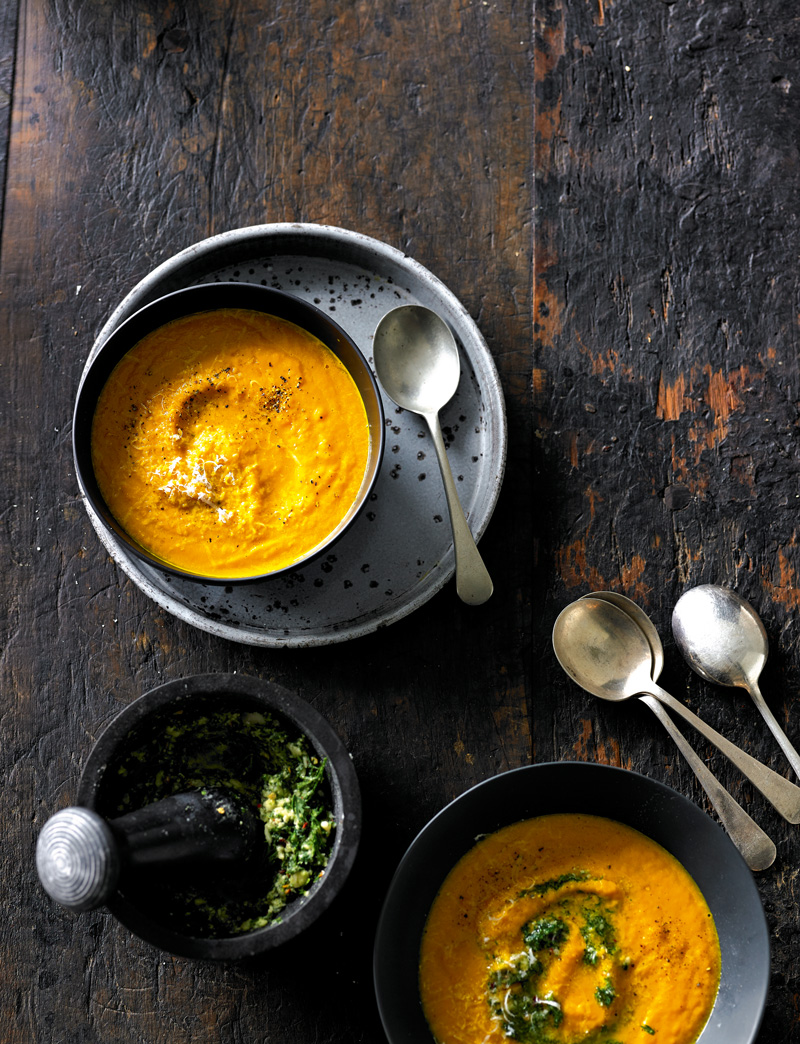Carrot, Thyme & Parmesan Soup with Carrot Top Pistou