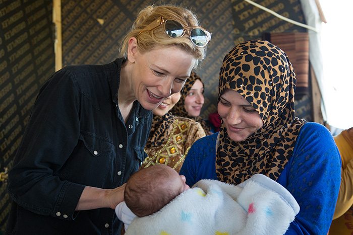 Cate Blanchett meets a mother with her daughter who lives with her family at the Aalman Informal Settlement, Chouf. Her family is one of 18 refugee families from Idleb, Syria. Image by Jordi Matas