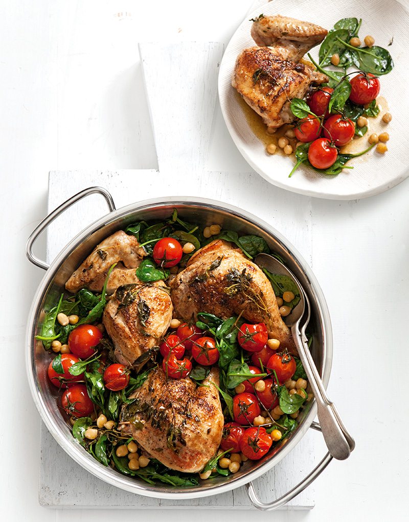 Chicken, Chickpea & Spinach Bake With White Wine & Herb Sauce