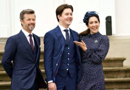 Danish Prince Christian stands with Crown Prince Frederik and Crown Princess Mary after his confirmation ceremony at Fredensborg Castle Church, Denmark May 15, 2021.