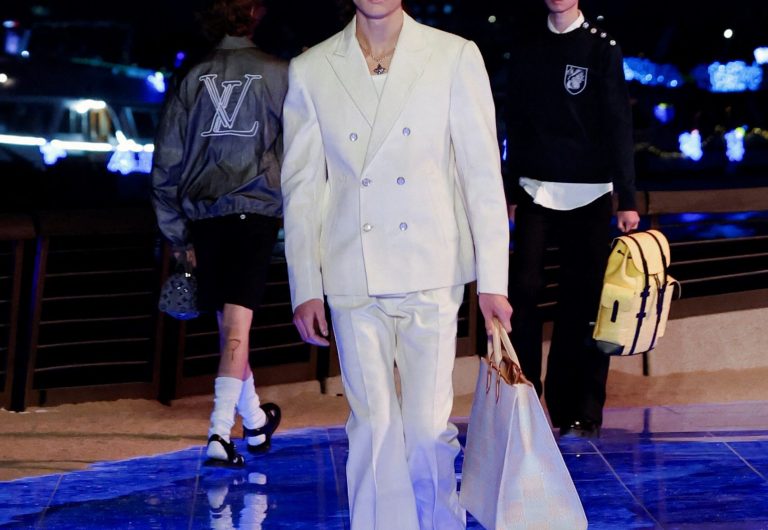A model presents a creation by designer Pharrell Williams' Men's Pre-Fall 2024 Fashion Show for fashion house Louis Vuitton, in Hong Kong, China November 30, 2023.  REUTERS/Tyrone Siu