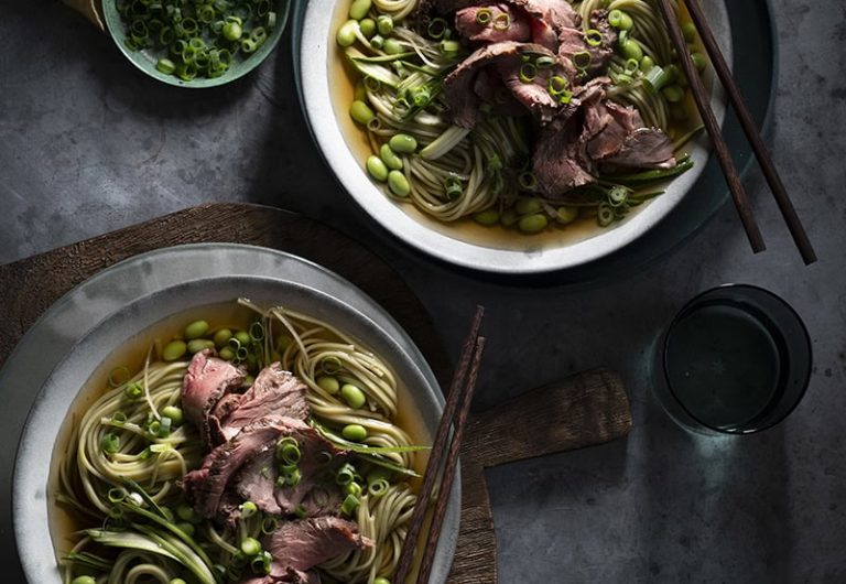 Green tea soba noodles with ginger beef and edamame-2