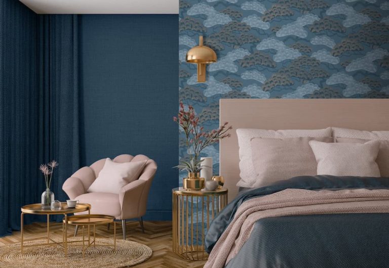 The right wallpaper pattern, echoed in colours used in the rest of the room, creates an elegant hotel-chic level of cosiness. The wall behind the bed is Resene Wallpaper Collection M64401. Pair it with walls in Resene Deep Teal, a bedhead painted in Resene Ebb and accessories in minky Resene Stonewashed, white Resene Rice Cake, accents of Resene FX Metallic Gold and flooring stained in Resene Colorwood Natural.