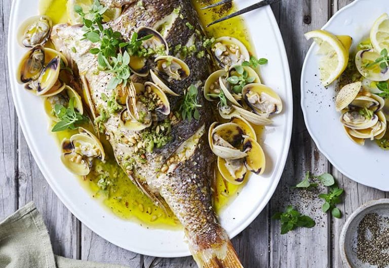 Mediterranean baked whole snapper with mixed olives and toasted pine-uncropped