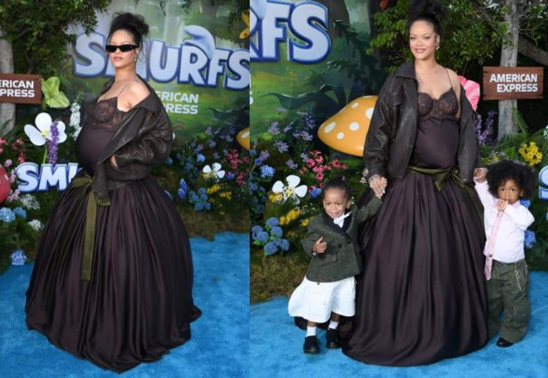 Rihanna with sons Riot (L) and RZA at the Los Angeles Premiere Of Paramount Pictures “Smurfs.” Photos / Saint Laurent, Getty Images