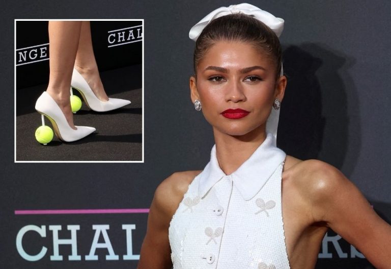 Zendaya wears a custom Thom Browne dress and custom Loewe heels (inset) during the press tour for 'Challengers.' images Getty, Reuters