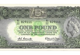An obsolete one Australian pound note. No longer in circulation, this version was issued from 1961-66 featuring a portrait of Queen Elizabeth II on the right.