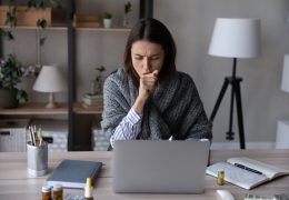 Unhealthy woman feel sick work on computer at workplace