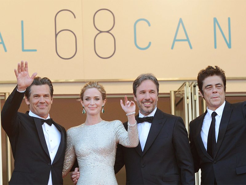 Emily Blunt with her cast members, (L-R) Josh Brolin, director Denis Villeneuve, cast member Benicio Del Toro on the red carpet at Cannes
