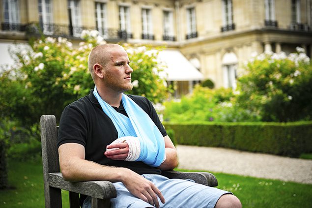 U.S. Airman 1st Class Spencer Stone is interviewed following an attack on a French train which he helped foil, in Paris, France August 23. REUTERS