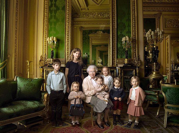 The Queen with her great-grandchildren and two youngest grandchildren, from left to right: James, Viscount Severn and Lady Louise, Mia Tindall, Princess Charlotte sat on the Queen’s lap, Savannah Phillips, Prince George and Isla Phillips. Photograph: Annie Leibovitz/Getty Images