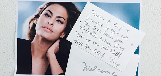 Eva Mendes' handwritten note, delivered to MiNDFOOD beauty director Liz Hancock's LA hotel room.