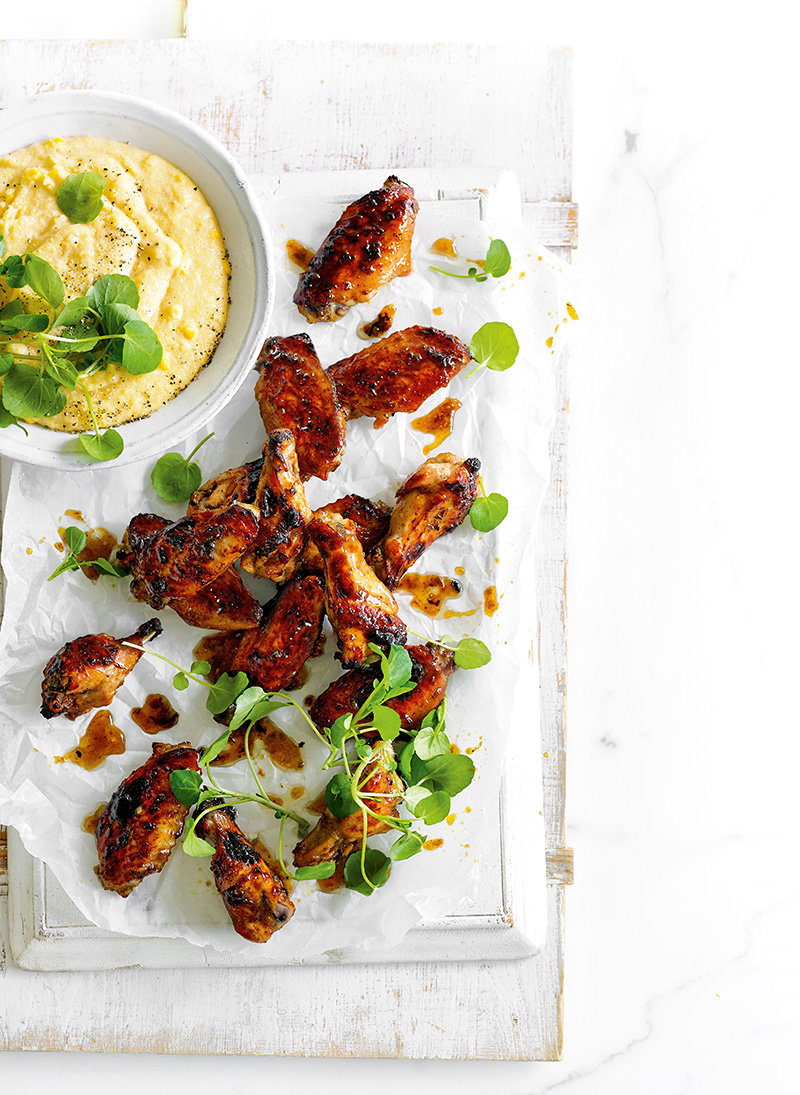 Jalapeno Chicken Wings with Cheesy Corn Polenta