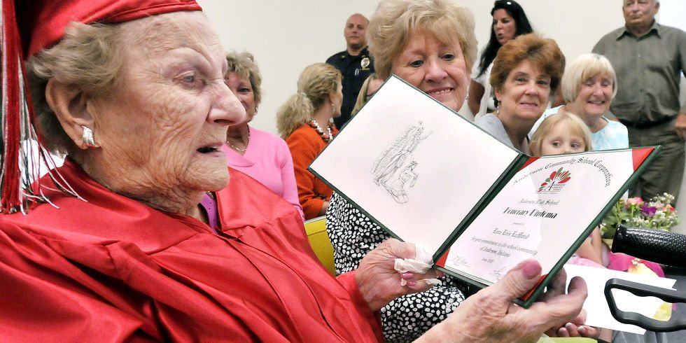 Woman receives high school diploma at age 99.