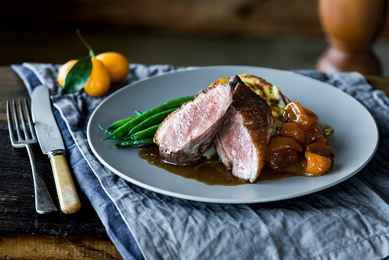 Muscovy Duck Breast with Cumquat Relish, Potato & Chive Griddle Cake