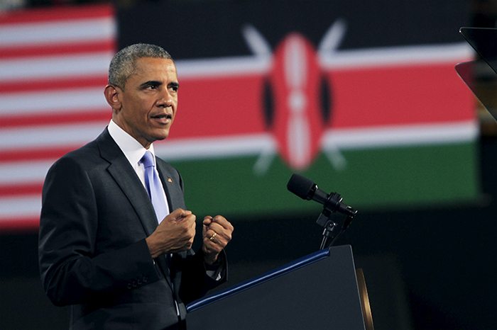U.S. President Barack Obama delivers remarks at an indoor stadium in Nairobi July 26, 2015. Obama told Kenyans on Sunday on his first presidential trip to his father's homeland that there was "no limit to what you can achieve" but said they had to deepen democracy, tackle corruption and end exclusion based on gender or ethnicity.REUTERS/Noor Khamis - RTX1LU8C