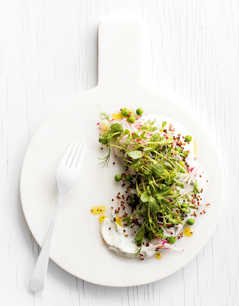 Minted Peas, Sprout, Quinoa and Radish Salad with Minted Greek Yogurt