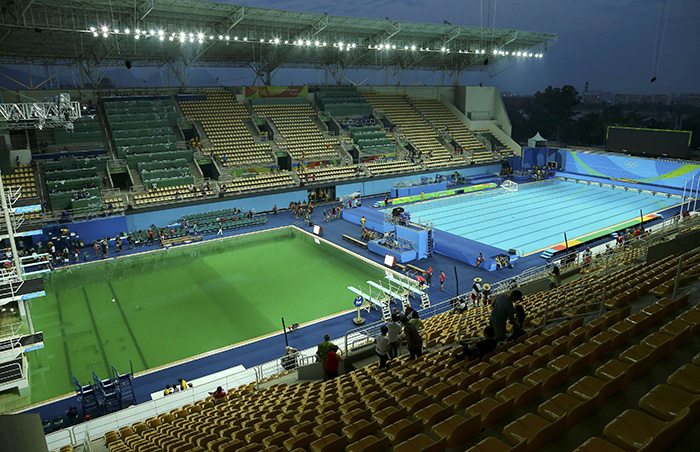 Olympic pools turn green because too many people are using them. Picture Reuters