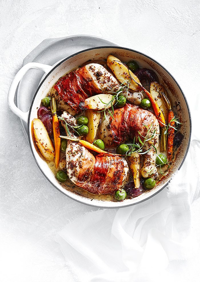 Proscuitto-Wrapped Roast Chicken with Green Olives