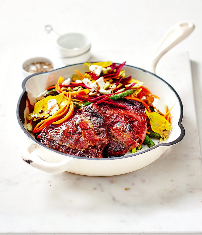 Prosciutto Steaks with Mixed Beetroot, Goat’s Cheese & Asparagus Salad