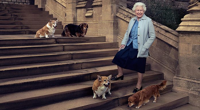 Queen Elizabeth II on the private grounds of Windsor Castle with her corgis and dorgis.
ANNIE LEIBOVITZ
