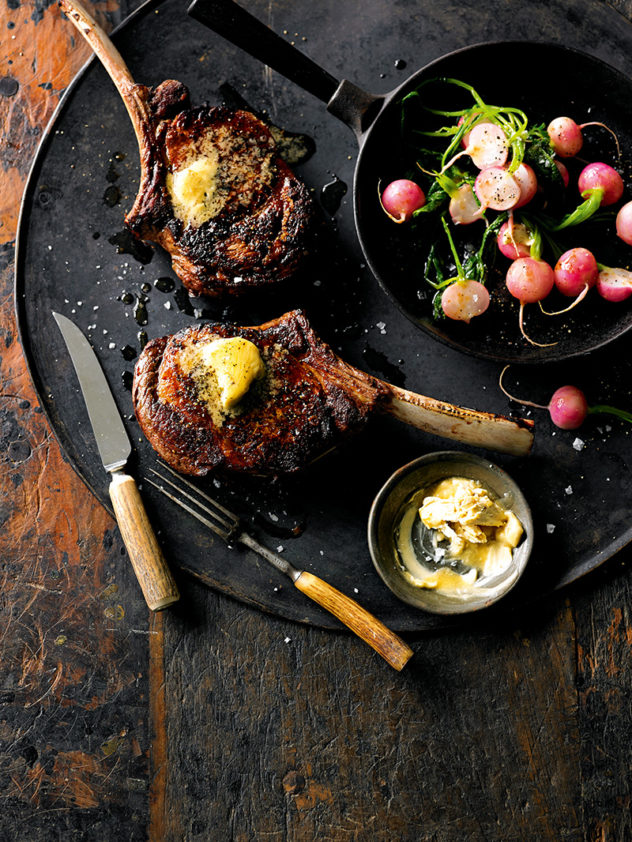 Roast Rib-Eye Steaks with Oyster Sauce Butter & Warm Radishes