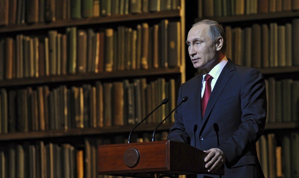 Russian President Vladimir Putin addresses the audience at the Mariinsky Theatre in St. Petersburg, Russia. REUTERS/Michael Klimentyev/Sputnik/Kremlin