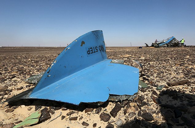 The debris from a Russian airliner is seen at its crash site at the Hassana area in Arish city, north Egypt.
REUTERS/Mohamed Abd El Ghany