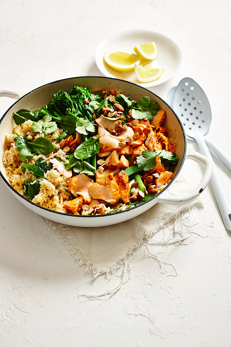 Harissa Salmon, Broccolini and Spinach One-Pot Pilaf