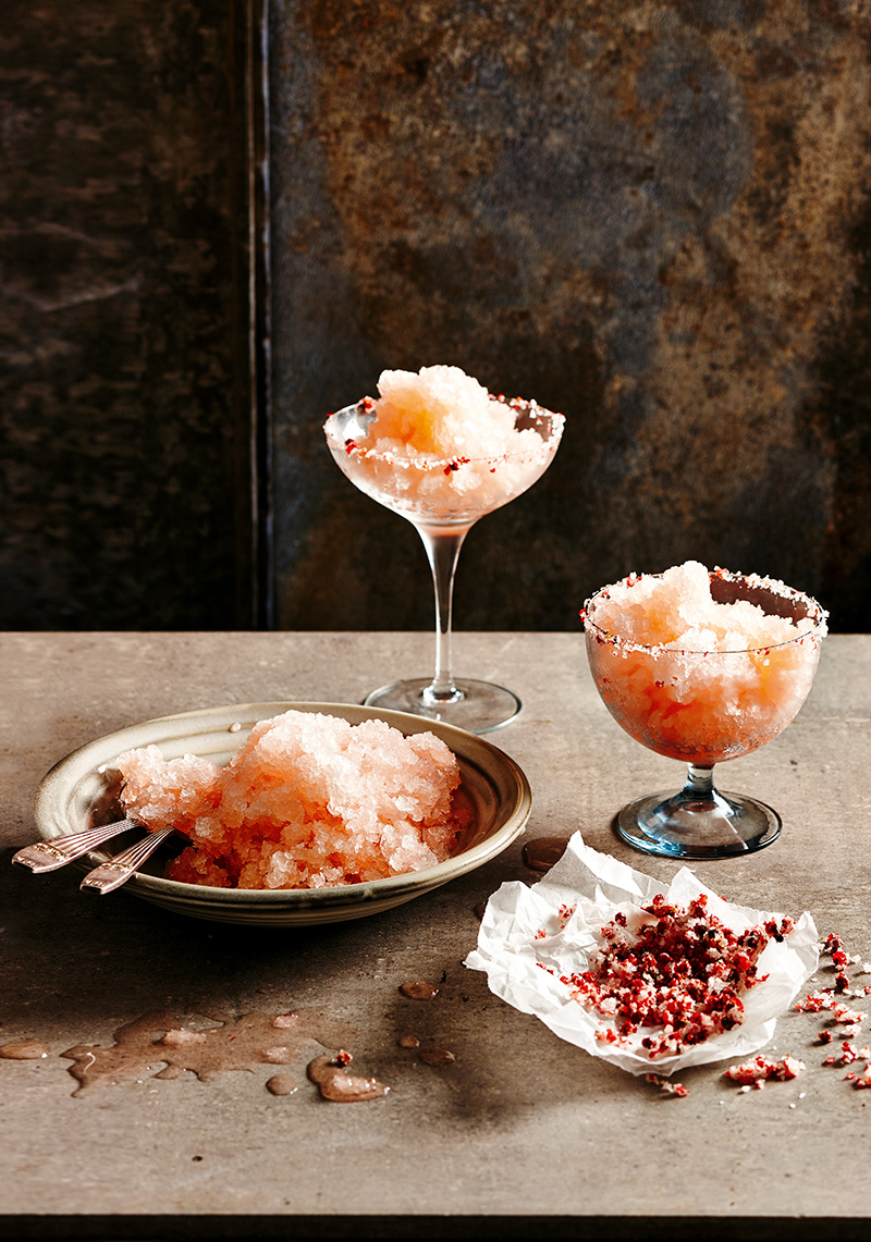 Pink Grapefruit & Lime Margarita Granita with Pink Peppercorn Salt Edge