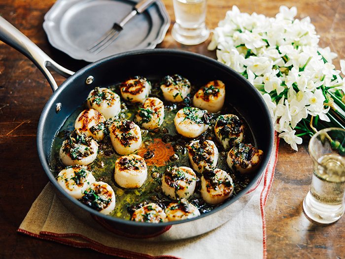 Grilled Scallops with Lemon, Olive, Caper and Parsley Butter