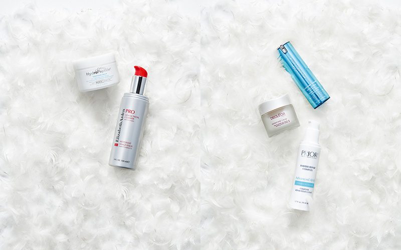 From left to right: HydroPeptide Soothing Balm, Elizabeth Arden PRO Gentle Facial Cleanser, (top) HydroPeptide Soothing Serum – Redness Repair 
& Relief, DECLÉOR Harmonie Calm Soothing Milky Cream and PRIORI Advanced AHA Barrier Repair Complex.
Photography by Sevak Babakhani.
