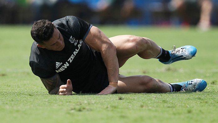 Sonny Bill Williams crashes out of the Olympics, and rest of the All Blacks season, with an injured Achilles tendon in today’s shock loss to Japan. Picture Reuters