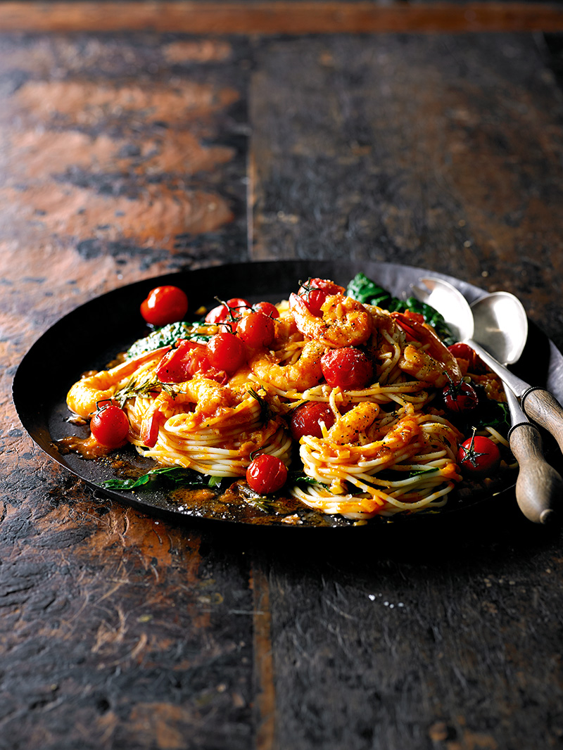 Roasted Prawn & Tomato Spaghetti with Cavolo Nero