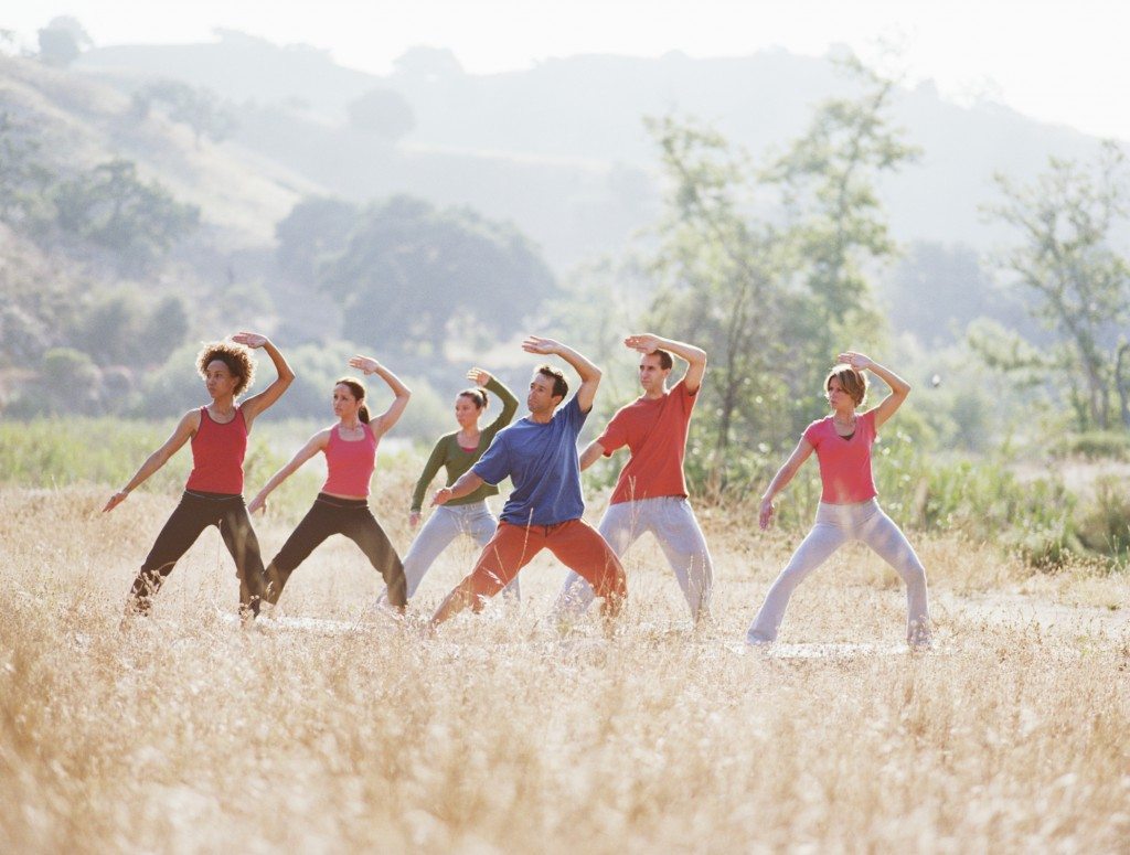 Group of people doing thai-chi pose in field
