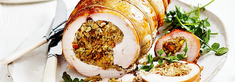 Brined Turkey Breasts with Spiced Rice & Almond Stuffing