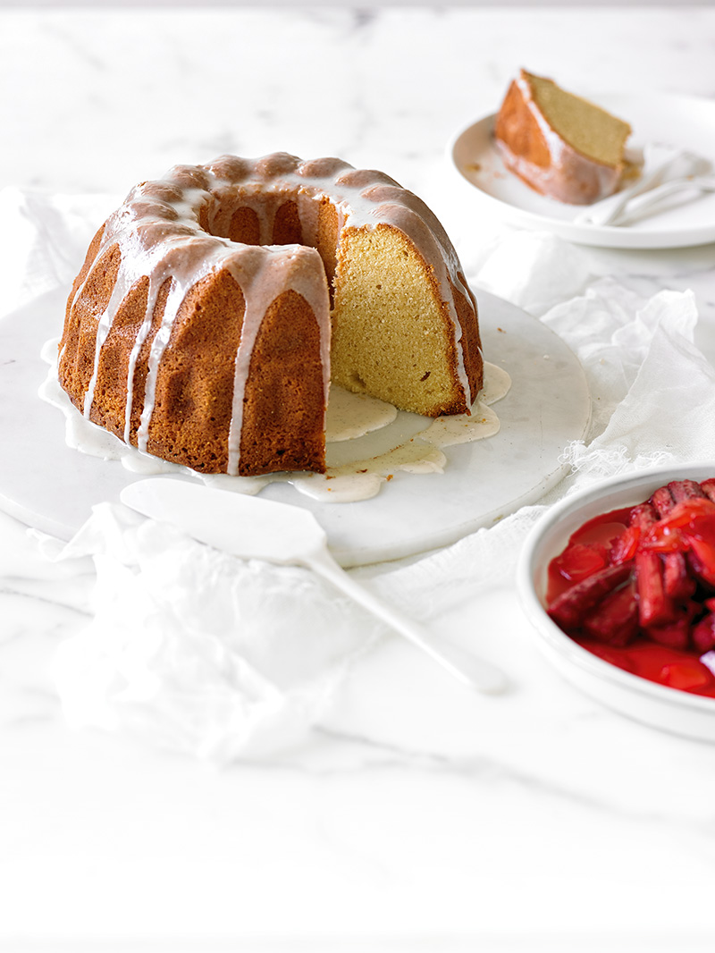 Vanilla Bundt Cake with Lemon & Ginger Stewed Rhubarb