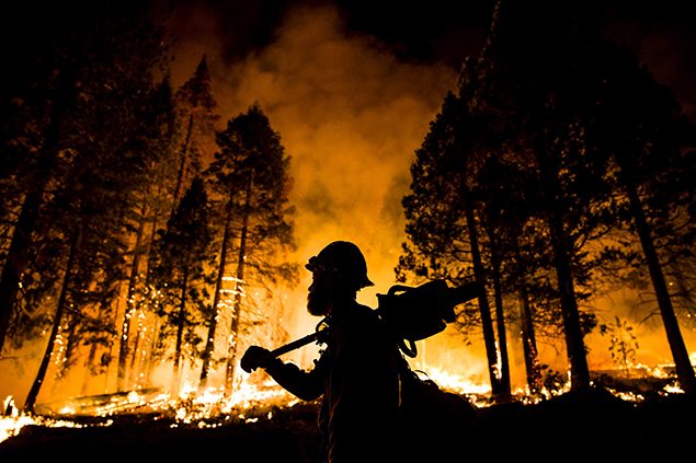 Los Padres National Forest firefighter Jameson Springer watches a controlled burn on the so-called "Rough Fire" in the Sequoia National Forest, California. REUTERS/Max Whittaker.