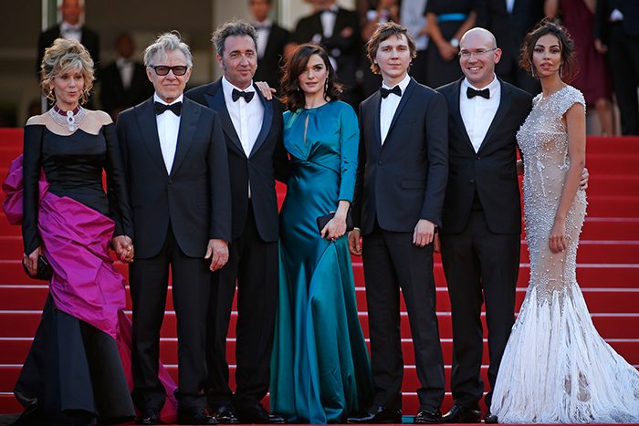 Cast members Jane Fonda and Harvey Keitel, director Paolo Sorrentino, cast members Rachel Weisz, Paul Dano, Alex Macqueen Madalina Diana Ghenea pose on the red carpet as they arrive for the screening of the film "Youth"